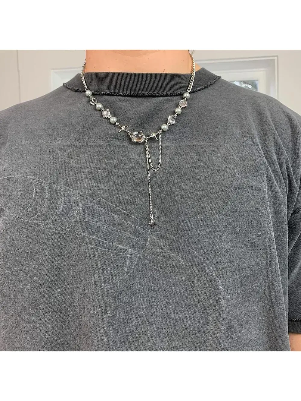 Cyber y2k grunge silver and beaded futuristic glass opal pendant necklace.